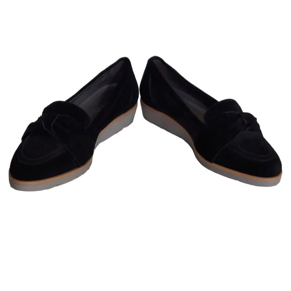 Aerosoles Black Suede Sidewalk Bow Trim Pointed Toe Small Wedge Loafers Slip Ons - Picture 6 of 14